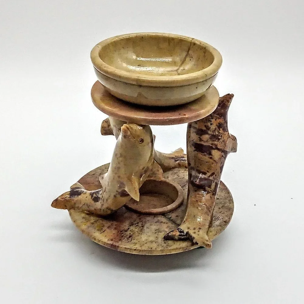 Three Stone Dolphins Carved Candle Incense Holder